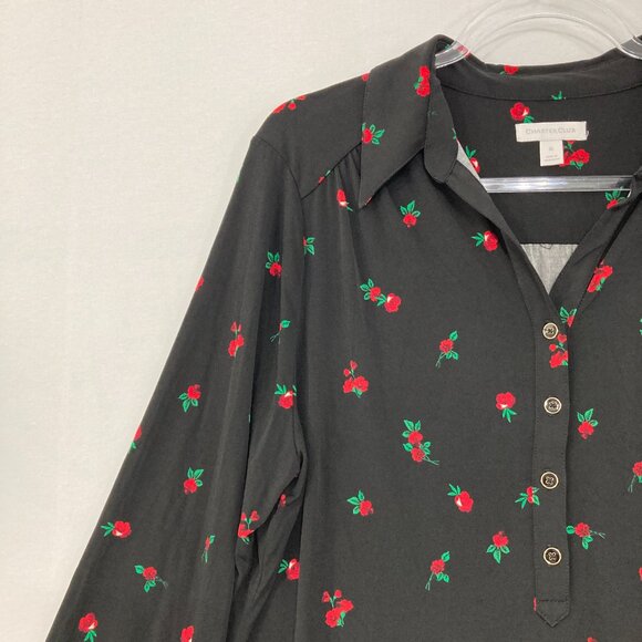 Charter Club size XL Black Red Floral Stretch Knit 3/4 Sleeve Popover Blouse - Picture 3 of 10